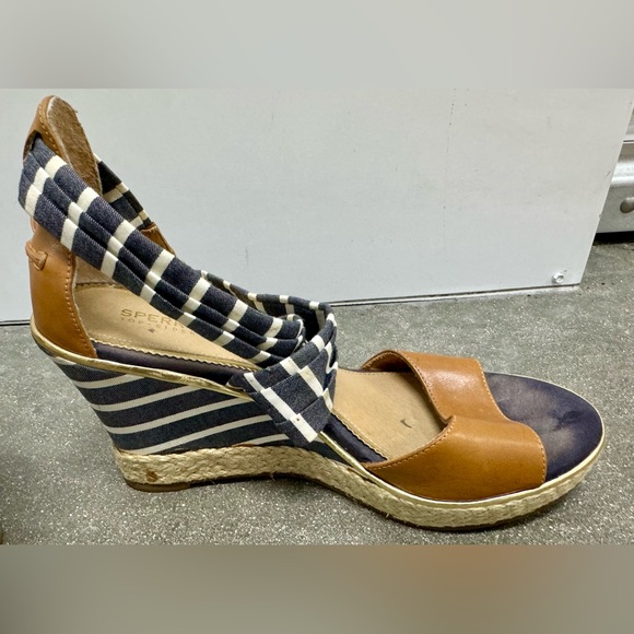 Sperry Top Sider Aurora Blue White Cross Striped Leather Wedge Sandals Size 8 - Picture 11 of 15